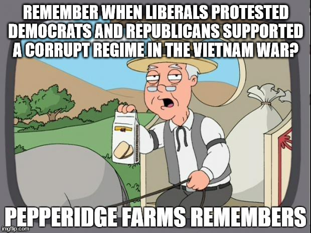 PEPPERIDGE FARMS REMEMBERS | REMEMBER WHEN LIBERALS PROTESTED DEMOCRATS AND REPUBLICANS SUPPORTED A CORRUPT REGIME IN THE VIETNAM WAR? | image tagged in pepperidge farms remembers | made w/ Imgflip meme maker