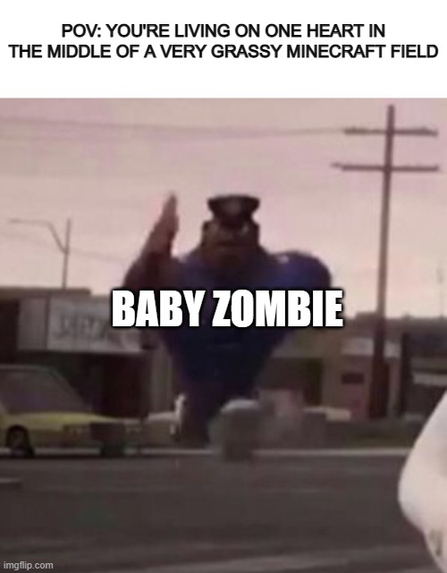 ;-; | POV: YOU'RE LIVING ON ONE HEART IN THE MIDDLE OF A VERY GRASSY MINECRAFT FIELD; BABY ZOMBIE | image tagged in blank white template,everybody gangsta until | made w/ Imgflip meme maker