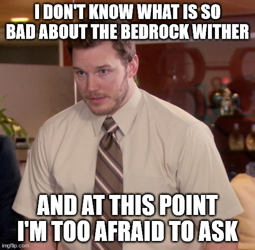 Unless you are a pro Minecraft player like I am,don't fight the bedrock wither! | I DON'T KNOW WHAT IS SO BAD ABOUT THE BEDROCK WITHER; AND AT THIS POINT I'M TOO AFRAID TO ASK | image tagged in memes,afraid to ask andy | made w/ Imgflip meme maker