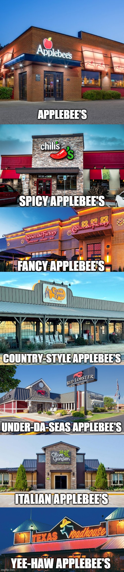 OMG they're all the same!!!! | APPLEBEE'S; SPICY APPLEBEE'S; FANCY APPLEBEE'S; COUNTRY-STYLE APPLEBEE'S; UNDER-DA-SEAS APPLEBEE'S; ITALIAN APPLEBEE'S; YEE-HAW APPLEBEE'S | image tagged in restaurant,irony,applebees,funny,lol so funny,so true memes | made w/ Imgflip meme maker