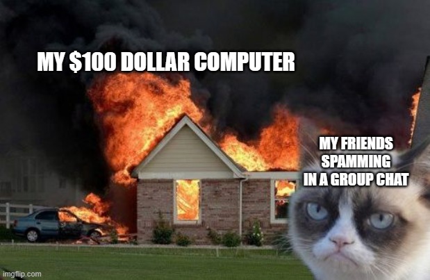 I use a cheap computer, and whenever someone spams in any type of chat, my computer simply crashes :( | MY $100 DOLLAR COMPUTER; MY FRIENDS SPAMMING IN A GROUP CHAT | image tagged in memes,burn kitty,grumpy cat | made w/ Imgflip meme maker