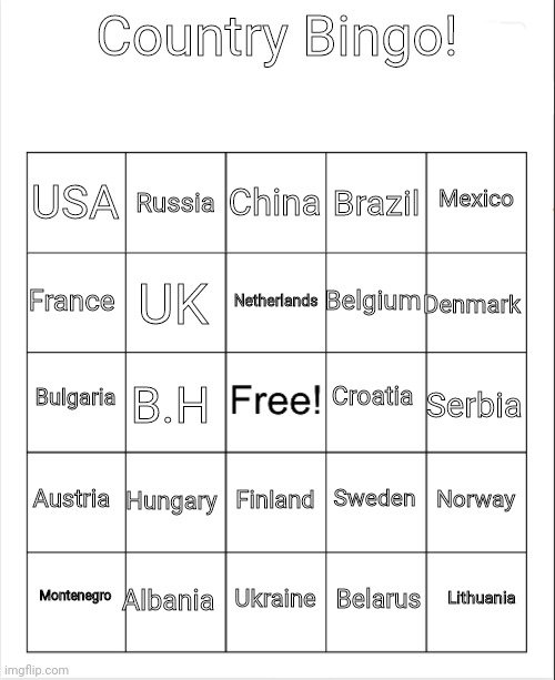 B I N G O | Country Bingo! China; Russia; Mexico; USA; Brazil; Netherlands; France; Denmark; Belgium; UK; Croatia; Bulgaria; Serbia; B.H; Austria; Hungary; Norway; Sweden; Finland; Albania; Lithuania; Montenegro; Ukraine; Belarus | image tagged in blank bingo | made w/ Imgflip meme maker