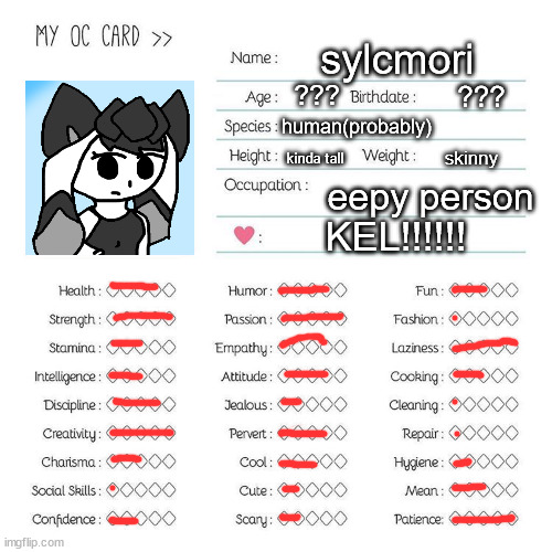 e | sylcmori; ??? ??? human(probably); kinda tall; skinny; eepy person; KEL!!!!!! | image tagged in oc card template | made w/ Imgflip meme maker