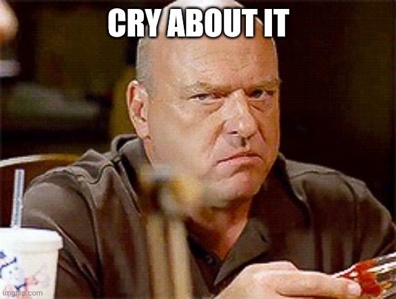 Hank Schrader glare Breaking Bad | CRY ABOUT IT | image tagged in hank schrader glare breaking bad | made w/ Imgflip meme maker