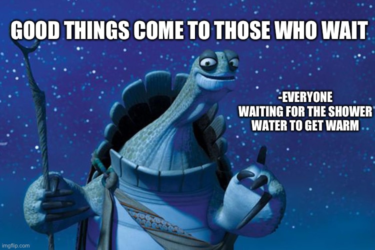 Why does it take so long | GOOD THINGS COME TO THOSE WHO WAIT; -EVERYONE WAITING FOR THE SHOWER WATER TO GET WARM | image tagged in master oogway,shower | made w/ Imgflip meme maker