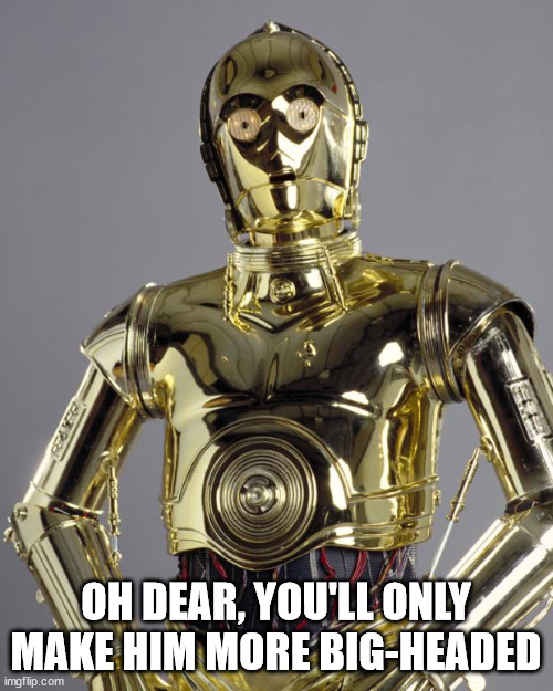 C3PO | OH DEAR, YOU'LL ONLY MAKE HIM MORE BIG-HEADED | image tagged in c3po | made w/ Imgflip meme maker