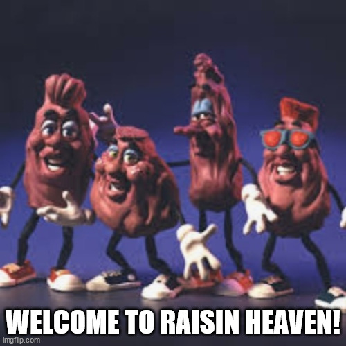 California Raisins | WELCOME TO RAISIN HEAVEN! | image tagged in california raisins | made w/ Imgflip meme maker