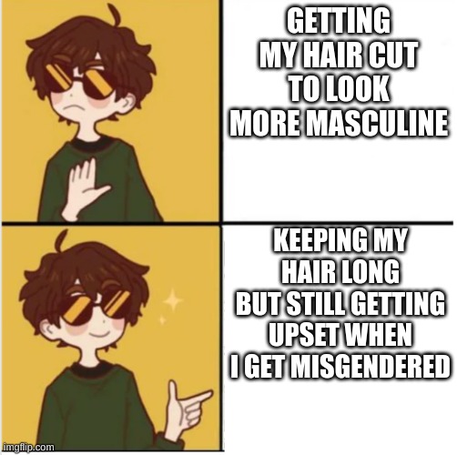 Transmasc drake meme | GETTING MY HAIR CUT TO LOOK MORE MASCULINE; KEEPING MY HAIR LONG BUT STILL GETTING UPSET WHEN I GET MISGENDERED | image tagged in transmasc drake meme | made w/ Imgflip meme maker