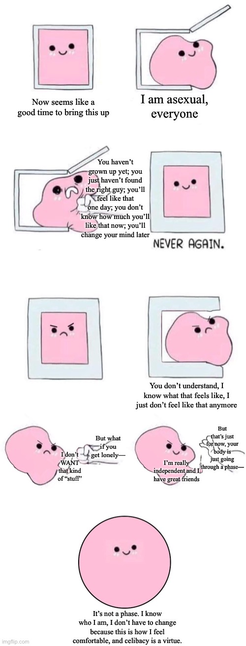 Pink blob in a box with more panels | I am asexual, everyone; Now seems like a good time to bring this up; You haven’t grown up yet; you just haven’t found the right guy; you’ll feel like that one day; you don’t know how much you’ll like that now; you’ll change your mind later; You don’t understand, I know what that feels like, I just don’t feel like that anymore; But that’s just for now, your body is just going through a phase—; But what if you get lonely—; I don’t WANT that kind of “stuff”; I’m really independent and I have great friends; It’s not a phase. I know who I am, I don’t have to change because this is how I feel comfortable, and celibacy is a virtue. | image tagged in pink blob in a box with more panels,asexual | made w/ Imgflip meme maker