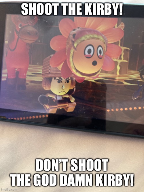 Shoot the Kirby. WAH! | SHOOT THE KIRBY! DON’T SHOOT THE GOD DAMN KIRBY! | image tagged in nintendo,miitopia | made w/ Imgflip meme maker