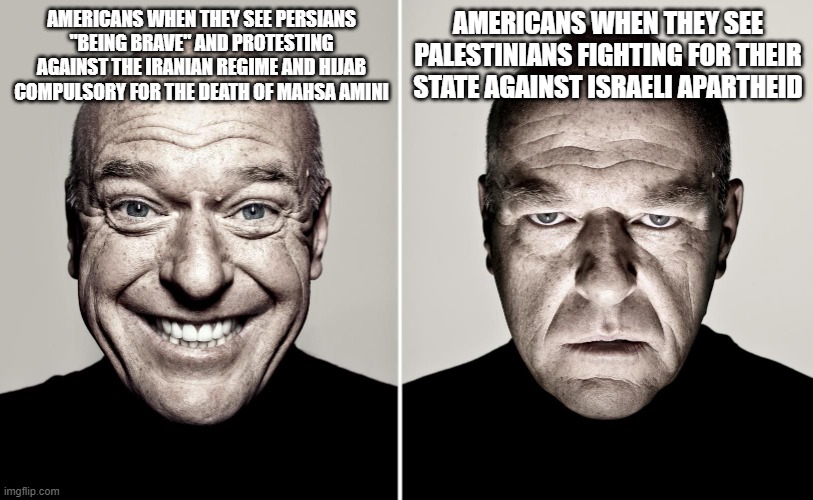 Double standards. #FreePalestine | AMERICANS WHEN THEY SEE PALESTINIANS FIGHTING FOR THEIR STATE AGAINST ISRAELI APARTHEID; AMERICANS WHEN THEY SEE PERSIANS "BEING BRAVE" AND PROTESTING AGAINST THE IRANIAN REGIME AND HIJAB COMPULSORY FOR THE DEATH OF MAHSA AMINI | image tagged in dean norris reaction,palestine,iran,western | made w/ Imgflip meme maker