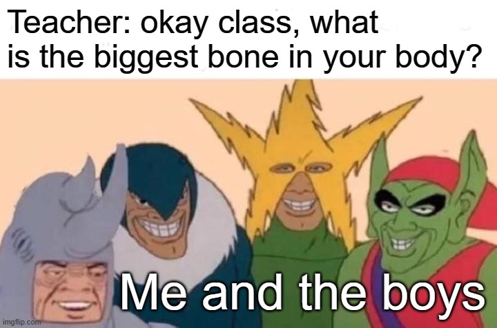 Me And The Boys | Teacher: okay class, what is the biggest bone in your body? Me and the boys | image tagged in memes,me and the boys | made w/ Imgflip meme maker