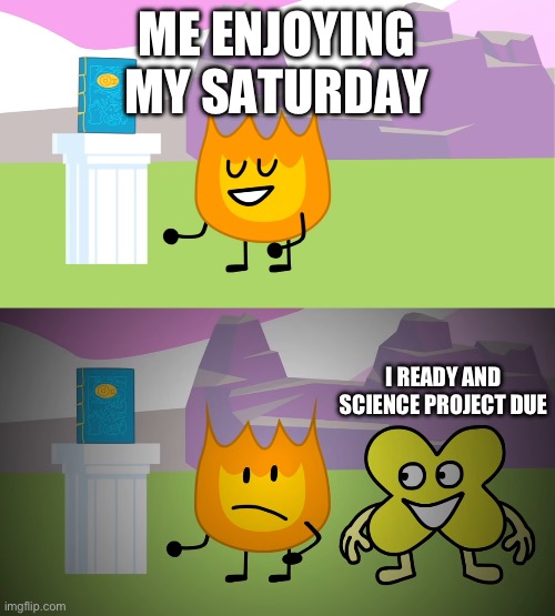 Welp that’s kinda on me for being a procrastinator ? | ME ENJOYING MY SATURDAY; I READY AND SCIENCE PROJECT DUE | image tagged in bfb 22 firey and x meme | made w/ Imgflip meme maker