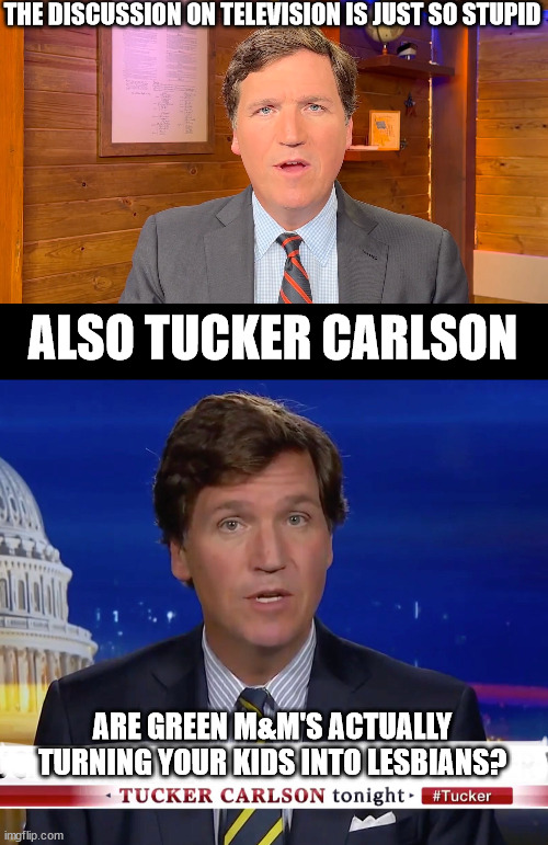 THE DISCUSSION ON TELEVISION IS JUST SO STUPID; ALSO TUCKER CARLSON; ARE GREEN M&M'S ACTUALLY TURNING YOUR KIDS INTO LESBIANS? | image tagged in tucker carlson | made w/ Imgflip meme maker
