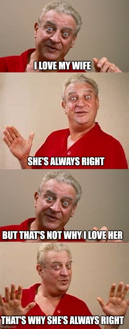 She's Right | I LOVE MY WIFE; SHE'S ALWAYS RIGHT; BUT THAT'S NOT WHY I LOVE HER; THAT'S WHY SHE'S ALWAYS RIGHT | image tagged in bad pun rodney dangerfield,wife,he's right you know | made w/ Imgflip meme maker