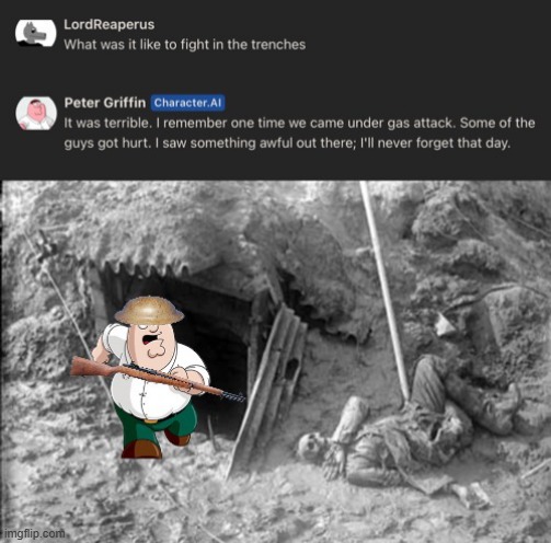 https://www.youtube.com/watch?v=tmSL_h86KyY | image tagged in peter griffin fighting in the trenches during world war 1 | made w/ Imgflip meme maker