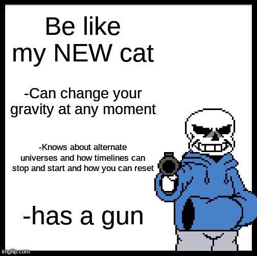 NEW cat | Be like my NEW cat; -Can change your gravity at any moment; -Knows about alternate universes and how timelines can stop and start and how you can reset; -has a gun | image tagged in sans undertale,be like bill | made w/ Imgflip meme maker