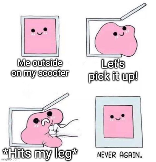 The worst pain imaginable | Let's pick it up! Me outside on my scooter; *Hits my leg* | image tagged in never again | made w/ Imgflip meme maker