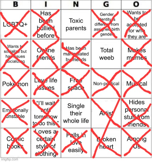 Bingo-! Hold on... Okay, approved and relatable. | image tagged in thesuitedgayweeb's bingo | made w/ Imgflip meme maker