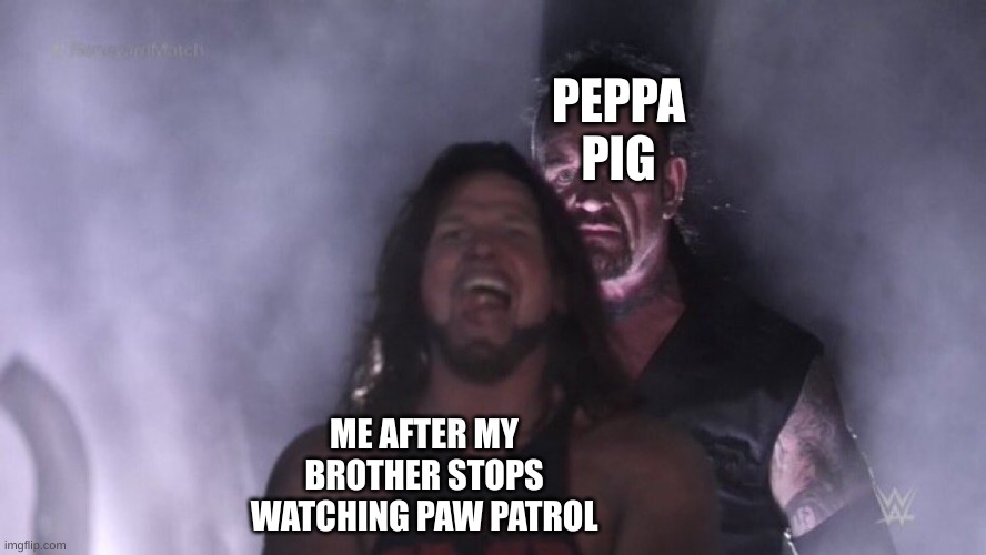 AJ Styles & Undertaker | PEPPA PIG; ME AFTER MY BROTHER STOPS WATCHING PAW PATROL | image tagged in aj styles undertaker | made w/ Imgflip meme maker