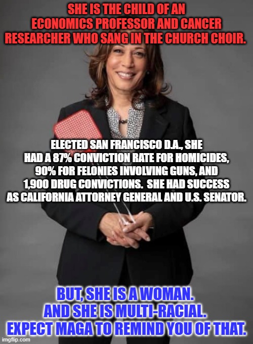 Kamala Harris: If only she was a White Man! | SHE IS THE CHILD OF AN ECONOMICS PROFESSOR AND CANCER RESEARCHER WHO SANG IN THE CHURCH CHOIR. ELECTED SAN FRANCISCO D.A., SHE HAD A 87% CONVICTION RATE FOR HOMICIDES, 90% FOR FELONIES INVOLVING GUNS, AND 1,900 DRUG CONVICTIONS.  SHE HAD SUCCESS AS CALIFORNIA ATTORNEY GENERAL AND U.S. SENATOR. BUT, SHE IS A WOMAN.  AND SHE IS MULTI-RACIAL.  EXPECT MAGA TO REMIND YOU OF THAT. | image tagged in kamala harris flyswatter | made w/ Imgflip meme maker