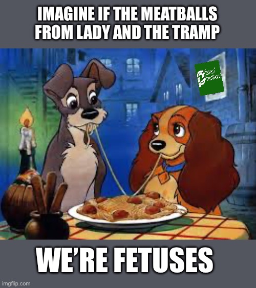 Lady and the tramp | IMAGINE IF THE MEATBALLS FROM LADY AND THE TRAMP; WE’RE FETUSES | image tagged in lady and the tramp | made w/ Imgflip meme maker