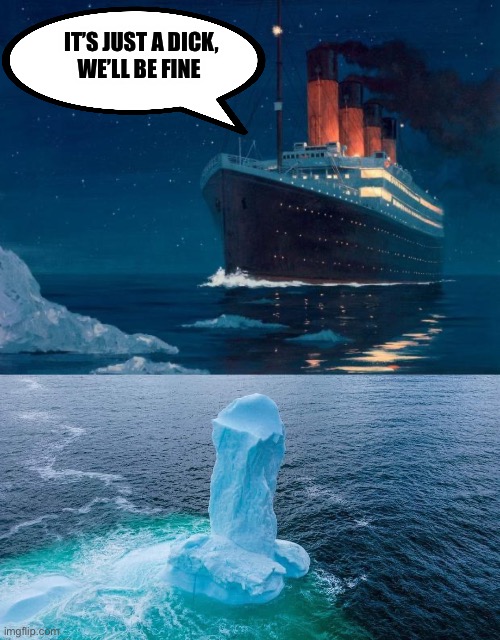 IT’S JUST A DICK,
WE’LL BE FINE | image tagged in titanic,iceberg | made w/ Imgflip meme maker