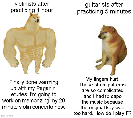 guitarists | violinists after practicing 1 hour; guitarists after practicing 5 minutes; My fingers hurt. These strum patterns are so complicated and I had to capo the music because the original key was too hard. How do I play F? Finally done warming up with my Paganini etudes. I'm going to work on memorizing my 20 minute violin concerto now. | image tagged in memes,buff doge vs cheems | made w/ Imgflip meme maker