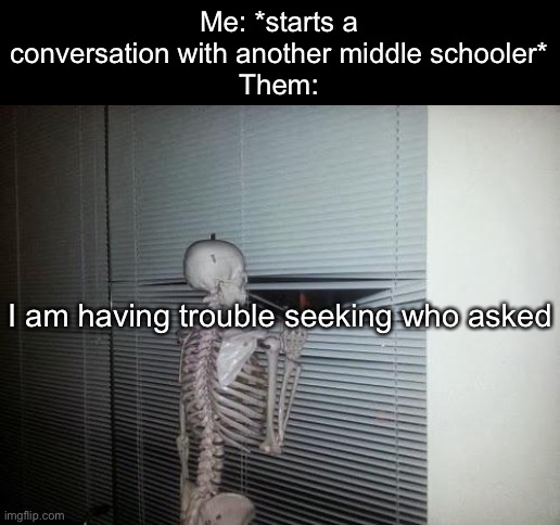 Fr and it’s so annoying | Me: *starts a conversation with another middle schooler*
Them:; I am having trouble seeking who asked | image tagged in skeleton looking out window | made w/ Imgflip meme maker