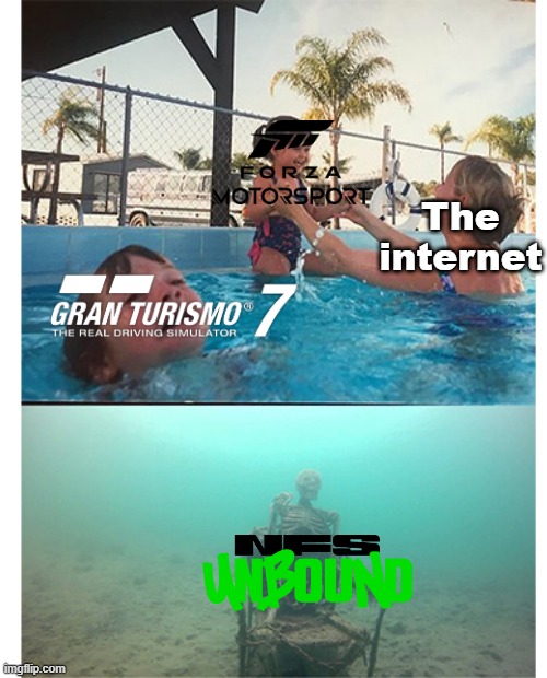 Racing games in 2022-2023 | The internet | image tagged in boy drowning,forza,need for speed,nfs unbound,gran turismo,gran turismo 7 | made w/ Imgflip meme maker