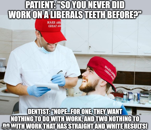 Conservative dentist joke | PATIENT: "SO YOU NEVER DID WORK ON A LIBERALS TEETH BEFORE?"; DENTIST: "NOPE...FOR ONE, THEY WANT NOTHING TO DO WITH WORK, AND TWO NOTHING TO DO WITH WORK THAT HAS STRAIGHT AND WHITE RESULTS! | image tagged in dentist,stupid liberals,liberal vs conservative,funny | made w/ Imgflip meme maker