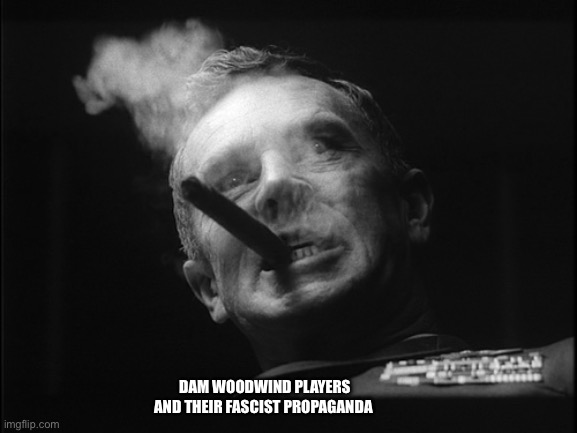 General Ripper (Dr. Strangelove) | DAM WOODWIND PLAYERS AND THEIR FASCIST PROPAGANDA | image tagged in general ripper dr strangelove | made w/ Imgflip meme maker