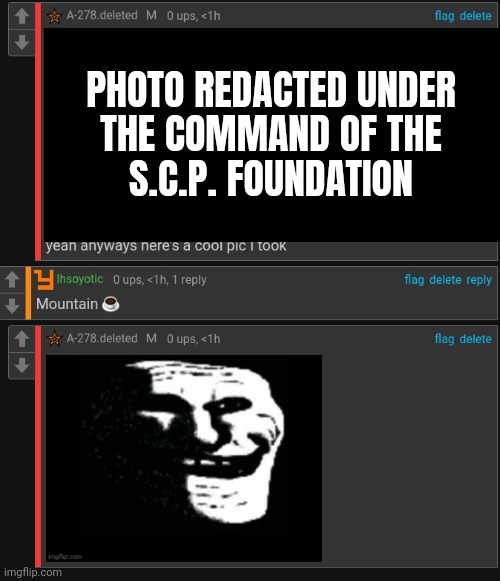 PHOTO REDACTED UNDER
THE COMMAND OF THE
S.C.P. FOUNDATION | made w/ Imgflip meme maker