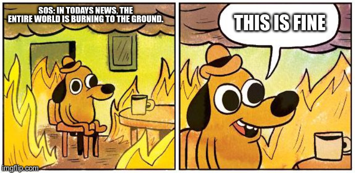 entire world is burning | THIS IS FINE; SOS: IN TODAYS NEWS, THE ENTIRE WORLD IS BURNING TO THE GROUND. | image tagged in this is fine blank | made w/ Imgflip meme maker
