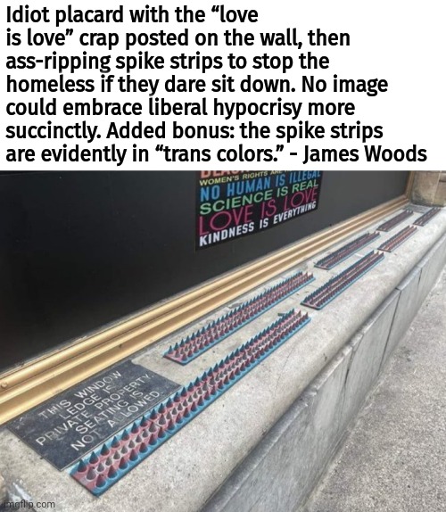 Liberal hypocrisy. | Idiot placard with the “love is love” crap posted on the wall, then ass-ripping spike strips to stop the homeless if they dare sit down. No image could embrace liberal hypocrisy more succinctly. Added bonus: the spike strips are evidently in “trans colors.” - James Woods | image tagged in memes | made w/ Imgflip meme maker