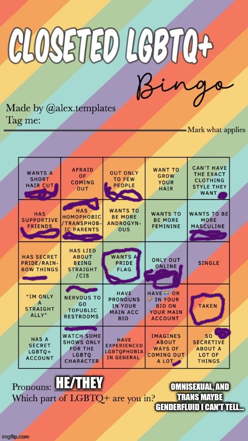 Closeted LGBTQ+ Bingo | OMNISEXUAL, AND TRANS MAYBE GENDERFLUID I CAN'T TELL... HE/THEY | image tagged in closeted lgbtq bingo | made w/ Imgflip meme maker