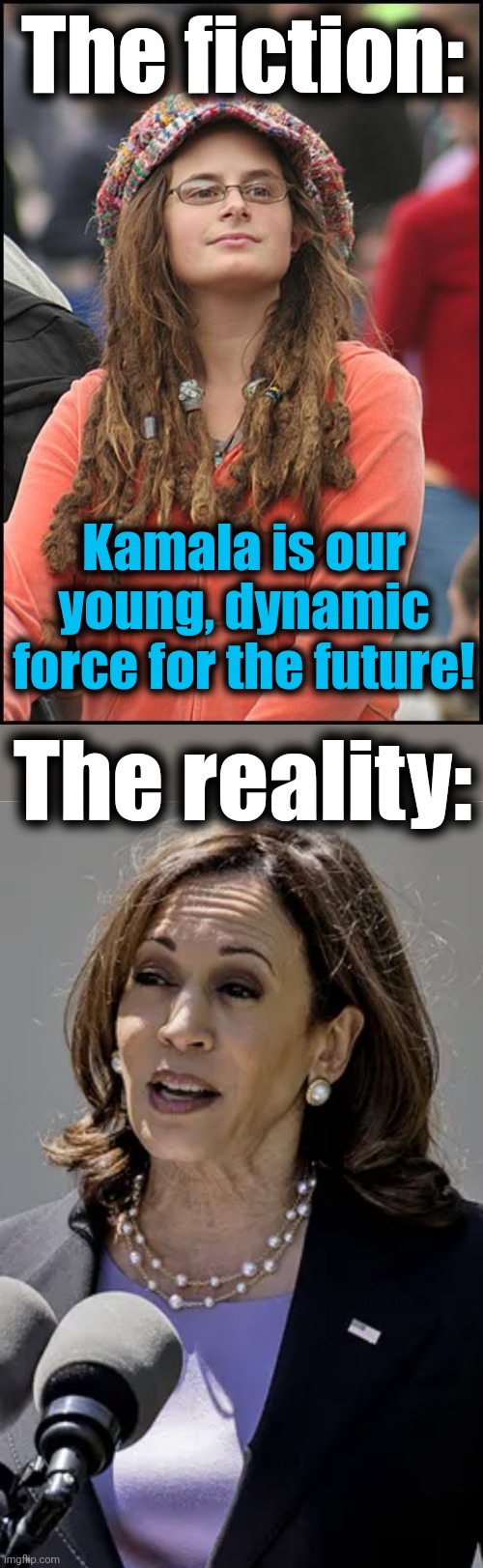 The diversity hyena: a skull with makeup on its front and nothing inside | The fiction:; Kamala is our young, dynamic force for the future! The reality: | image tagged in memes,college liberal,kamala harris,joe biden,democrats,old people | made w/ Imgflip meme maker