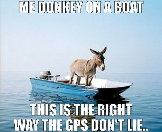 UNRELIABLE EQUITMENT | ME DONKEY ON A BOAT; THIS IS THE RIGHT WAY THE GPS DON'T LIE.. | image tagged in donkey on a boat,meme | made w/ Imgflip meme maker