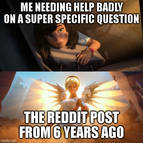 Every once in a while... | ME NEEDING HELP BADLY ON A SUPER SPECIFIC QUESTION; THE REDDIT POST FROM 6 YEARS AGO | image tagged in overwatch mercy meme | made w/ Imgflip meme maker