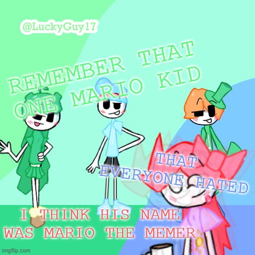 LuckyGuy17 Template | REMEMBER THAT ONE MARIO KID; THAT EVERYONE HATED; I THINK HIS NAME WAS MARIO THE MEMER | image tagged in luckyguy17 template | made w/ Imgflip meme maker
