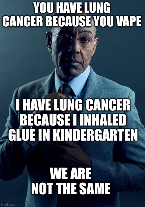 Gus Fring we are not the same | YOU HAVE LUNG CANCER BECAUSE YOU VAPE; I HAVE LUNG CANCER BECAUSE I INHALED GLUE IN KINDERGARTEN; WE ARE NOT THE SAME | image tagged in gus fring we are not the same | made w/ Imgflip meme maker