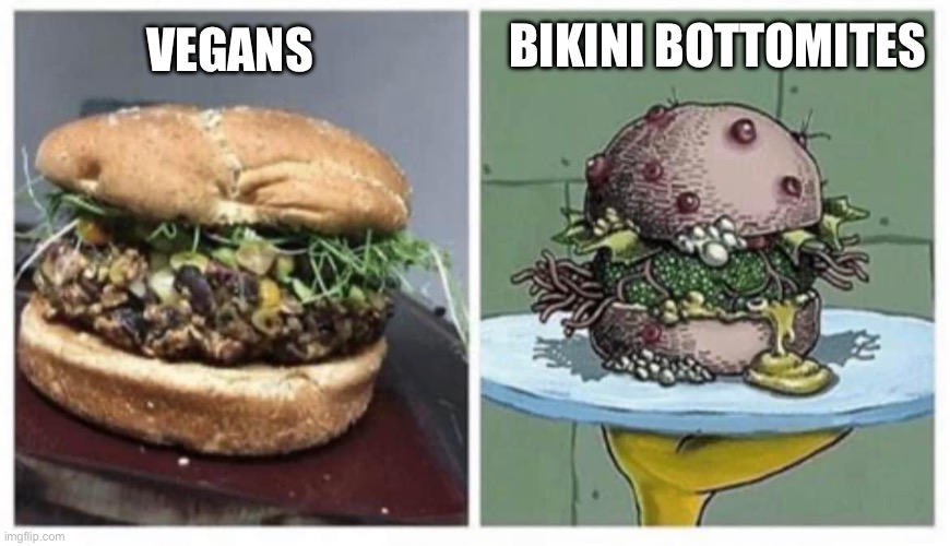 Nasty Patty II | BIKINI BOTTOMITES; VEGANS | image tagged in krabby patty,spongebob,vegans | made w/ Imgflip meme maker
