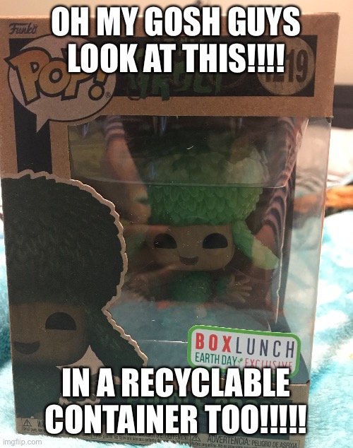 Second best purchase from boxed lunch ever | OH MY GOSH GUYS LOOK AT THIS!!!! IN A RECYCLABLE CONTAINER TOO!!!!! | image tagged in pop culture | made w/ Imgflip meme maker