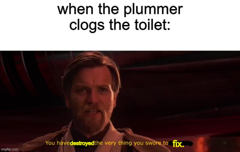 "You have destroyed the very thing your swore to fix" | when the plummer clogs the toilet:; destroyed; fix. | image tagged in you have become the very thing you swore to destroy,memes,funny | made w/ Imgflip meme maker