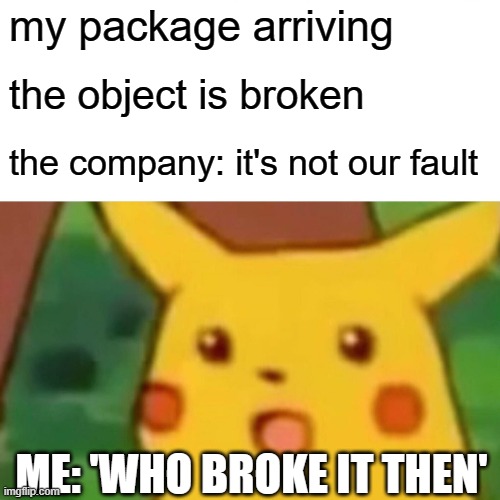package | my package arriving; the object is broken; the company: it's not our fault; ME: 'WHO BROKE IT THEN' | image tagged in memes,surprised pikachu | made w/ Imgflip meme maker
