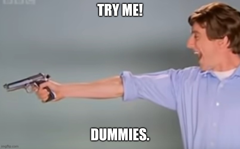 This will be the least popular meme ever | TRY ME! DUMMIES. | image tagged in kitchen gun bang bang bang | made w/ Imgflip meme maker