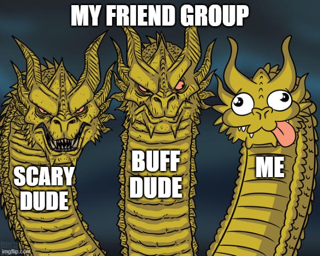 Three-headed Dragon | MY FRIEND GROUP; BUFF DUDE; ME; SCARY DUDE | image tagged in three-headed dragon | made w/ Imgflip meme maker