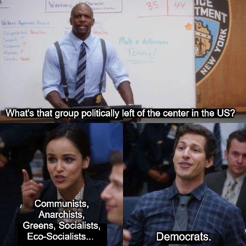 Democrats are right of center politically speaking | What's that group politically left of the center in the US? Communists, Anarchists, Greens, Socialists, Eco-Socialists... Democrats. | image tagged in is there a word that is a mix between x and y,communists,leftists,anarchists,socialists,ecosocialists | made w/ Imgflip meme maker