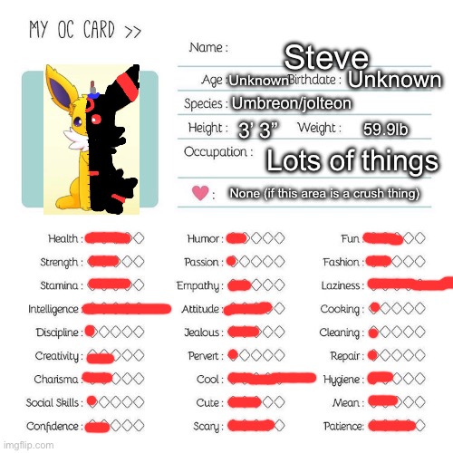 Oc card template | Steve; Unknown; Unknown; Umbreon/jolteon; 3’ 3”; 59.9lb; Lots of things; None (if this area is a crush thing) | image tagged in oc card template | made w/ Imgflip meme maker