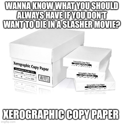 Zero graphic, get it? | WANNA KNOW WHAT YOU SHOULD ALWAYS HAVE IF YOU DON'T WANT TO DIE IN A SLASHER MOVIE? XEROGRAPHIC COPY PAPER | image tagged in puns,pun | made w/ Imgflip meme maker